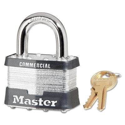 Master Lock® No. 5 Laminated Steel Padlock, 3/8 in dia x 15/16 in W x 1 in H Shackle, Silver/Gray, Keyed Alike, Keyed A112