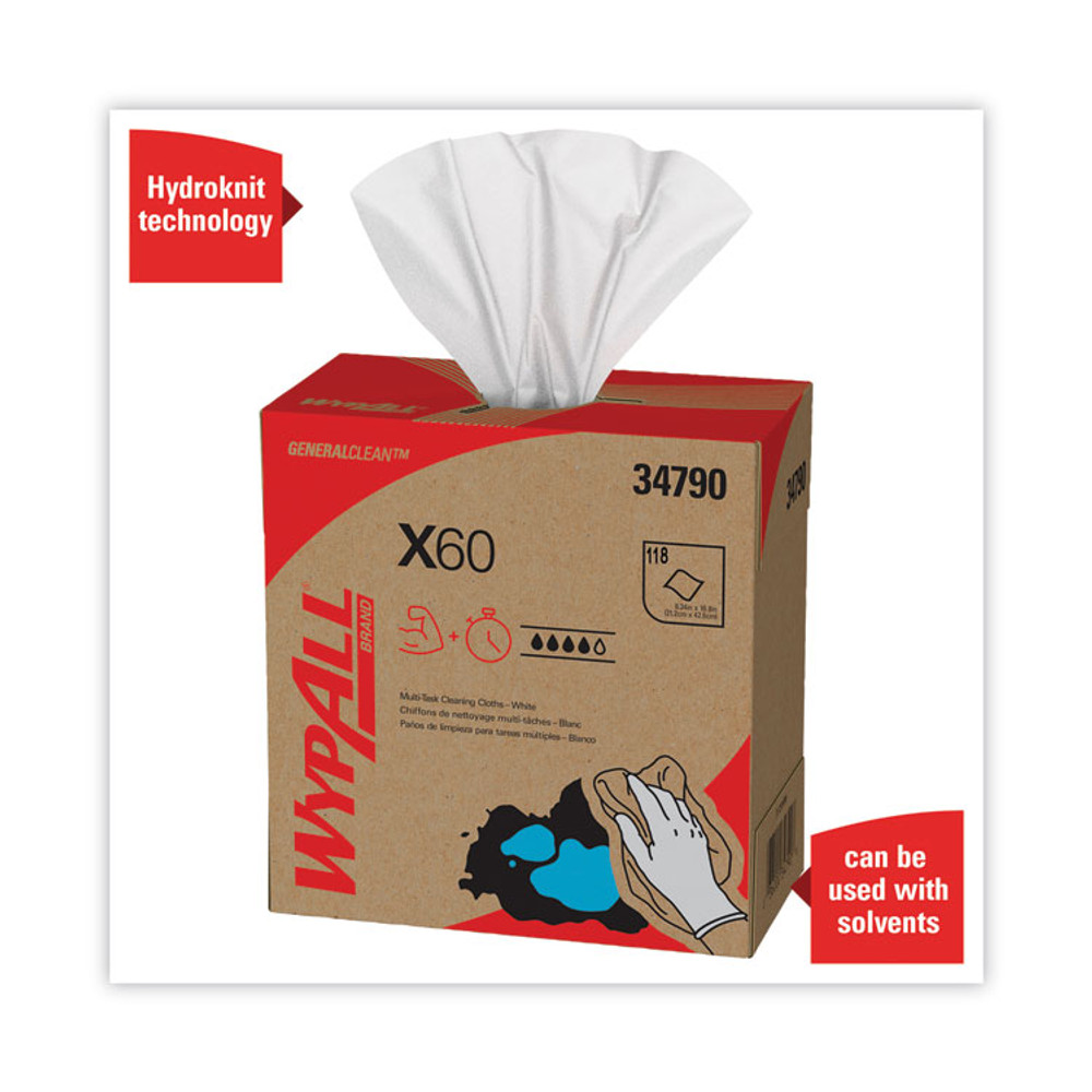KIMBERLY-CLARK PROFESSIONAL WypAll® 34790CT General Clean X60 Cloths, POP-UP Box, 8.34 x 16.8, White, 118/Box, 10 Boxes/Carton