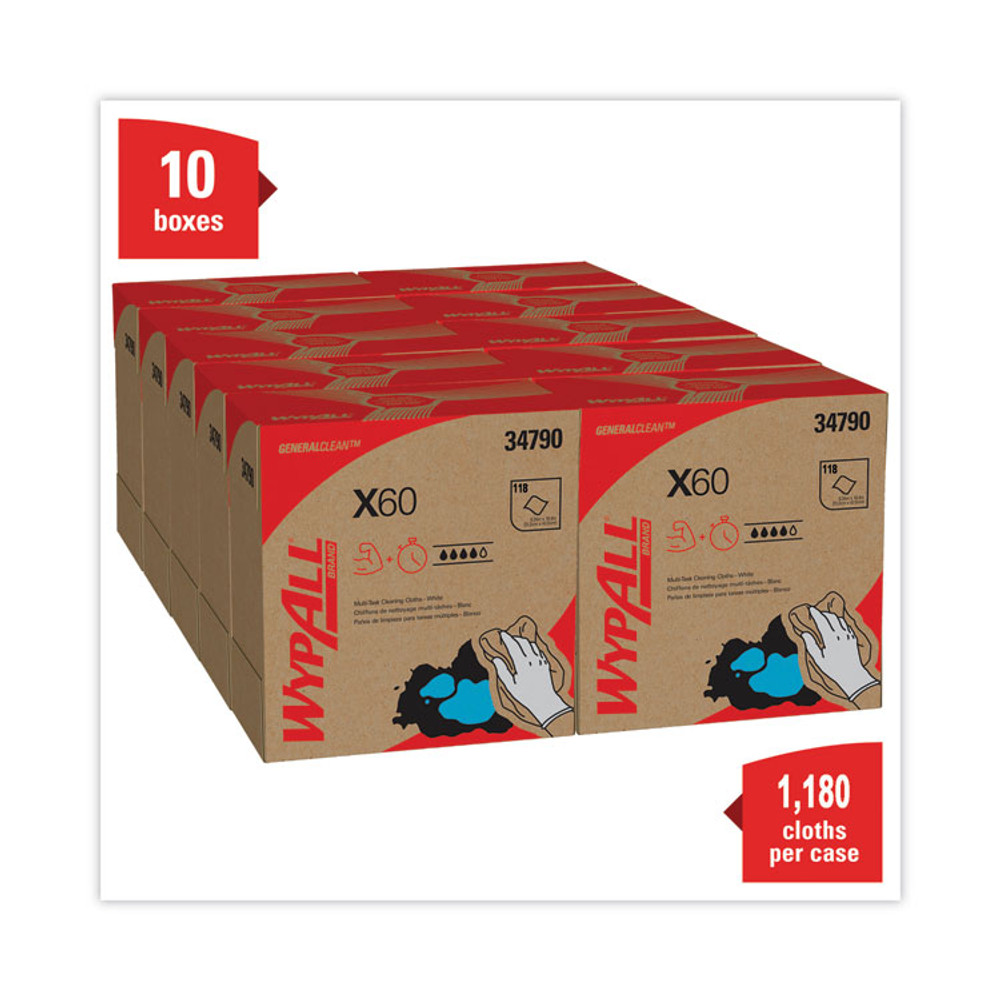 KIMBERLY-CLARK PROFESSIONAL WypAll® 34790CT General Clean X60 Cloths, POP-UP Box, 8.34 x 16.8, White, 118/Box, 10 Boxes/Carton