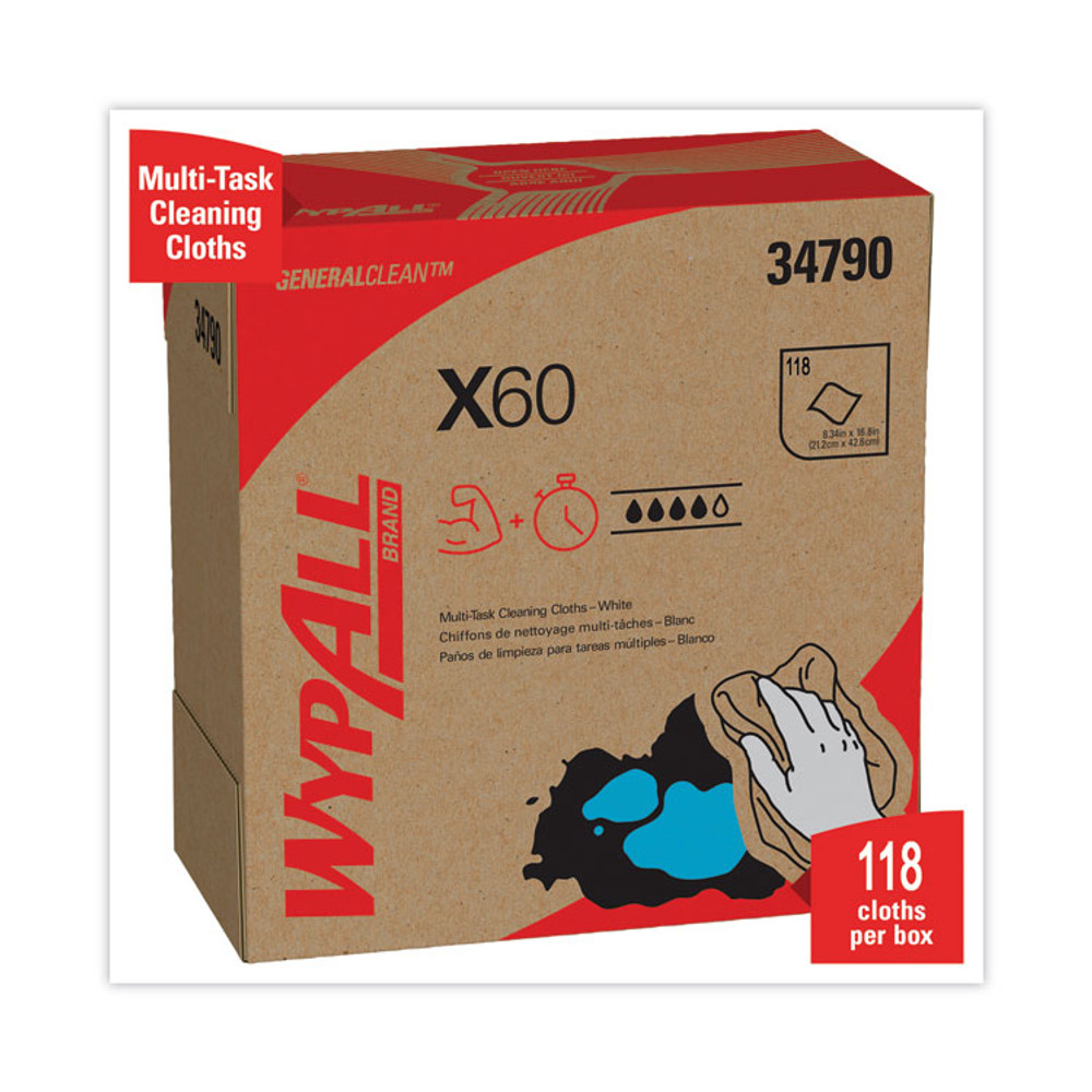 KIMBERLY-CLARK PROFESSIONAL WypAll® 34790CT General Clean X60 Cloths, POP-UP Box, 8.34 x 16.8, White, 118/Box, 10 Boxes/Carton