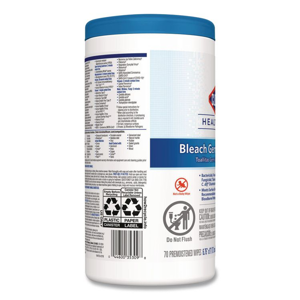 CLOROX SALES CO. Healthcare® 35309CT Bleach Germicidal Wipes, 1-Ply, 6.75 x 9, Unscented, White, 70/Canister, 6 Canisters/Carton