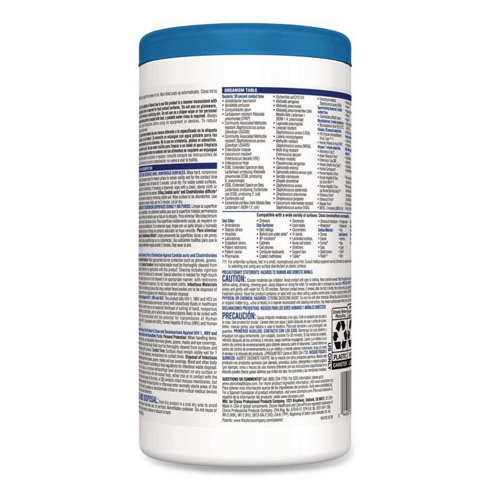 CLOROX SALES CO. Healthcare® 35309CT Bleach Germicidal Wipes, 1-Ply, 6.75 x 9, Unscented, White, 70/Canister, 6 Canisters/Carton