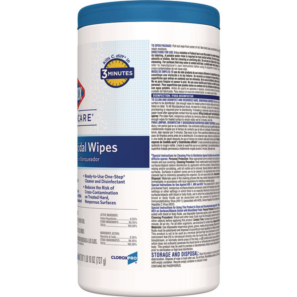 CLOROX SALES CO. Healthcare® 35309CT Bleach Germicidal Wipes, 1-Ply, 6.75 x 9, Unscented, White, 70/Canister