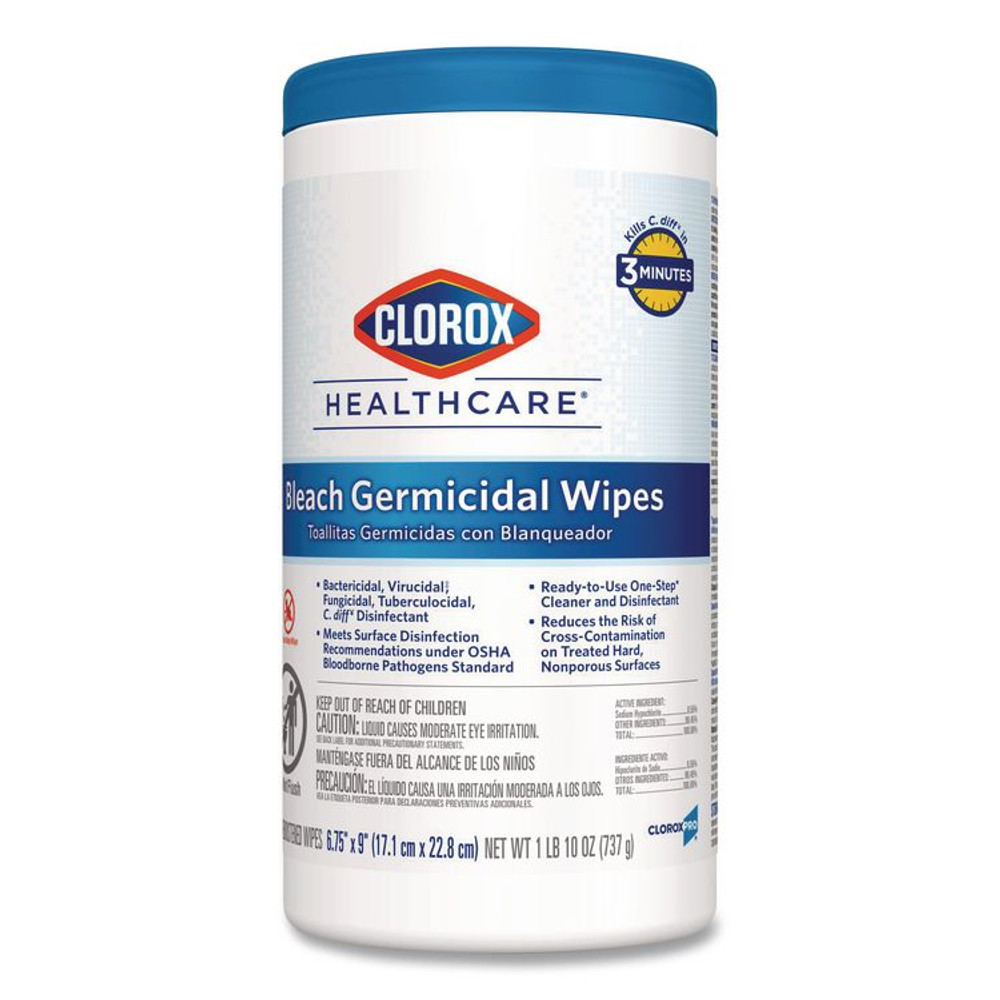 CLOROX SALES CO. Healthcare® 35309CT Bleach Germicidal Wipes, 1-Ply, 6.75 x 9, Unscented, White, 70/Canister, 6 Canisters/Carton