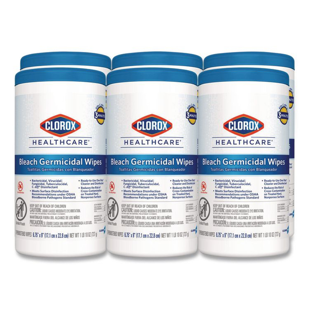CLOROX SALES CO. Healthcare® 35309CT Bleach Germicidal Wipes, 1-Ply, 6.75 x 9, Unscented, White, 70/Canister, 6 Canisters/Carton