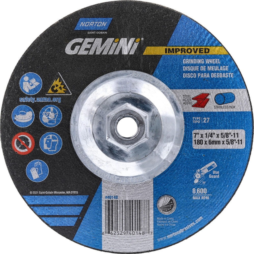 Norton 66252940148 Depressed Grinding Wheel:  Type 27,  7" Dia,  1/4" Thick,  Aluminum Oxide