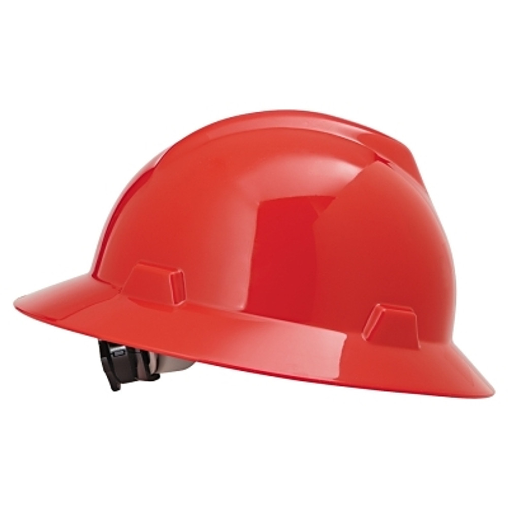 MSA 475371 V-Gard® Protective Hat, Fas-Trac III, Ratchet, Full Brim, Slotted, Red