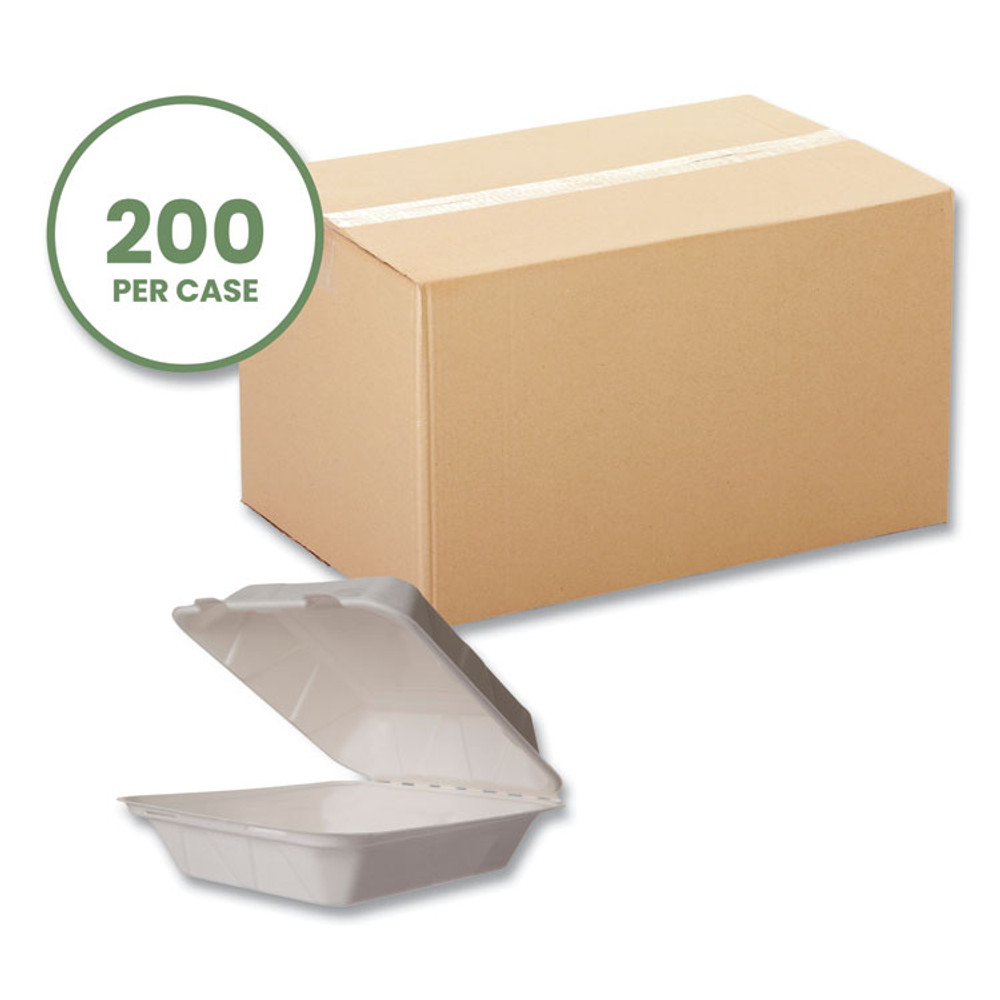VEGWARE WHBRG8HW White Molded Fiber Clamshell Container, Compostable, 7.9 x 7.9 x 2.9, White, Sugarcane, 200/Carton