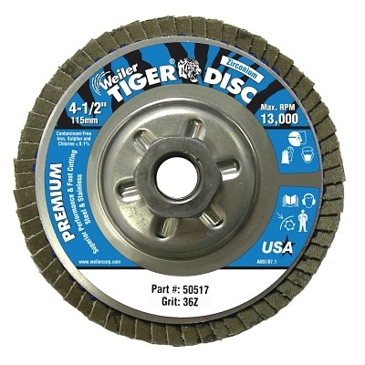 Weiler® Tiger® Disc Angled Style Flap Disc, 4-1/2 in dia, 36 Grit, 5/8 in-11, 13000 rpm, Type 29
