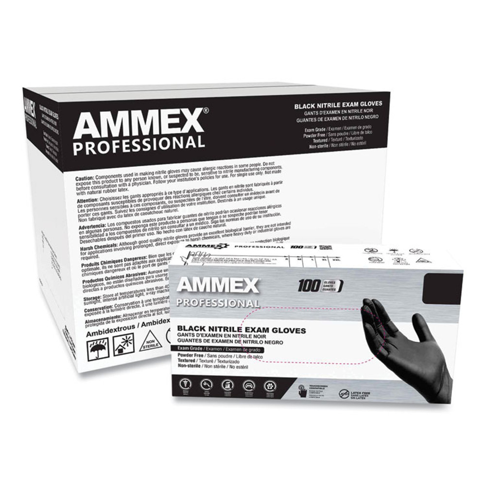 AMMEX CORPORATION Professional ABNPF46100CT Nitrile Exam Gloves, Powder-Free, 3 mil, Large, Black, 100/Box, 10 Boxes/Carton