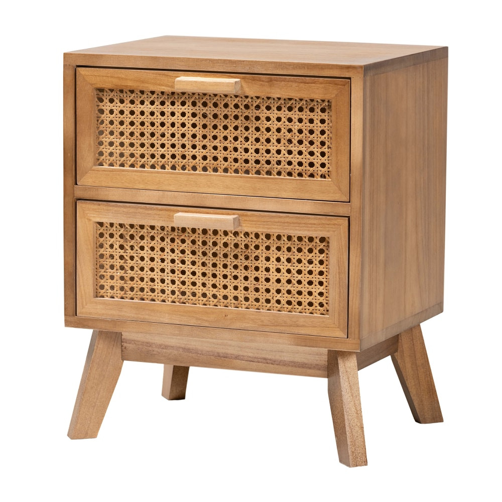 WHOLESALE INTERIORS, INC. 2721-12260 Baxton Studio Baden Nightstand With Rattan, 2-Drawer, 19-3/4inH x 15-3/4inW x 11-13/16inD, Natural/Walnut Brown