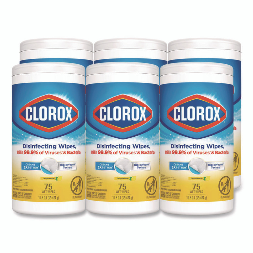 CLOROX SALES CO. 01628 Disinfecting Wipes, Bleach Free Cleaning Wipes, 1-Ply, 7 x 7.75, Crisp Lemon, White, 75/Canister, 6 Canisters/Carton