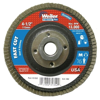 Weiler® Vortec Pro® Abrasive Flap Disc, 4-1/2 in dia, 80 Grit, 5/8 in-11, 13000 rpm, Type 29