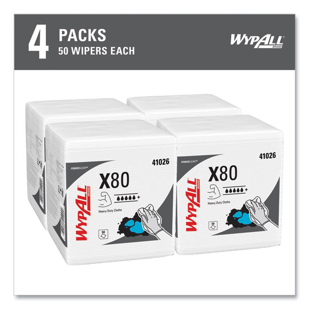 KIMBERLY CLARK WypAll® 41026 Power Clean X80 Heavy Duty Cloths, 1/4 Fold, 12.5 x 12, White, 50/Box, 4 Boxes/Carton