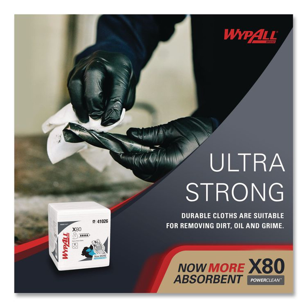 KIMBERLY-CLARK PROFESSIONAL WypAll® 41026 Power Clean X80 Heavy Duty Cloths, 1/4 Fold, 12.5 x 12, White, 50/Box, 4 Boxes/Carton
