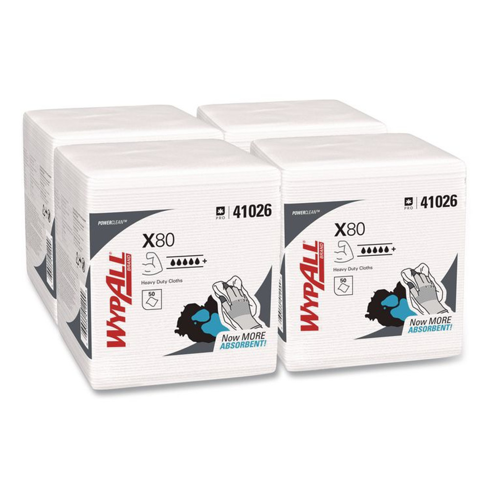 KIMBERLY-CLARK PROFESSIONAL WypAll® 41026 Power Clean X80 Heavy Duty Cloths, 1/4 Fold, 12.5 x 12, White, 50/Box, 4 Boxes/Carton