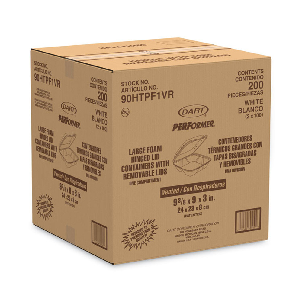 DART 90HTPF1VR Foam Hinged Lid Container, Vented Lid, 9 x 9.4 x 3, White, 100/Pack, 2 Packs/Carton