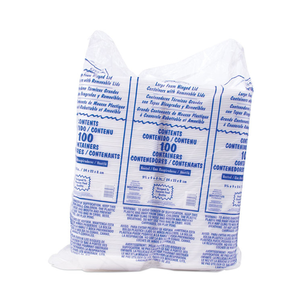 DART 90HTPF1VR Foam Hinged Lid Container, Vented Lid, 9 x 9.4 x 3, White, 100/Pack, 2 Packs/Carton