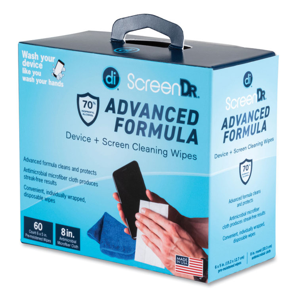 DIGITAL INNOVATIONS 32347 ScreenDr Device and Screen Cleaning Wipes, Includes 60 Individually Wrapped Wipes and 8" Microfiber Cloth, 6 x 5, White