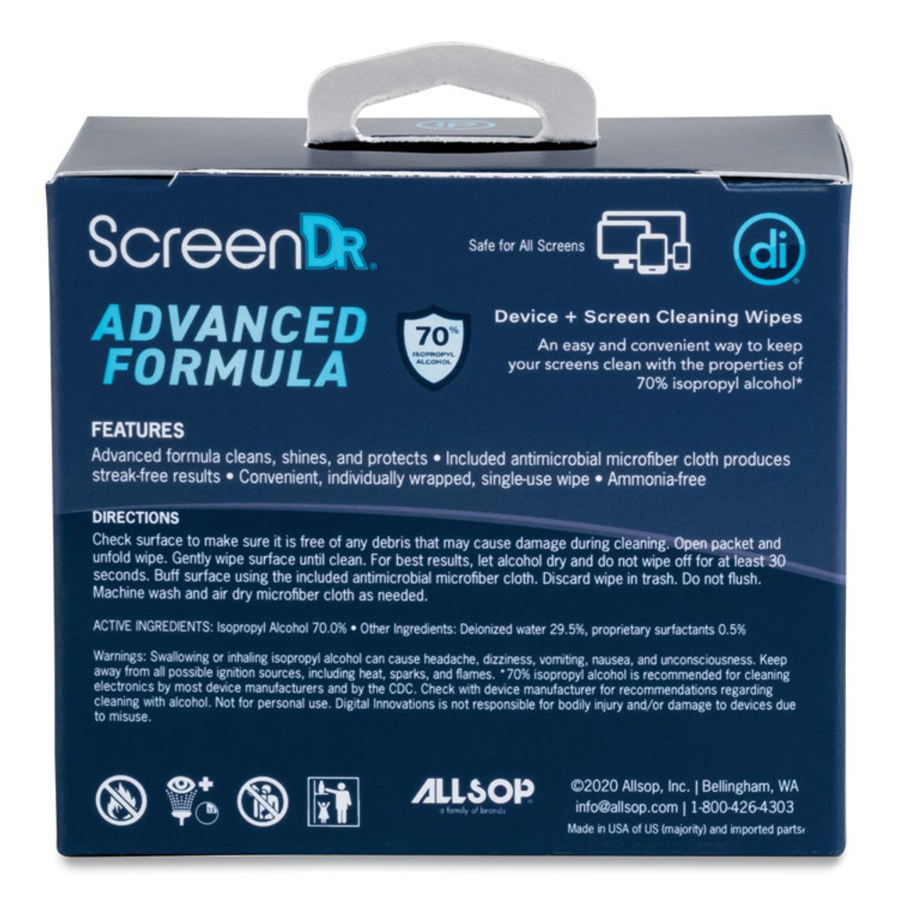 DIGITAL INNOVATIONS 32347 ScreenDr Device and Screen Cleaning Wipes, Includes 60 Individually Wrapped Wipes and 8" Microfiber Cloth, 6 x 5, White