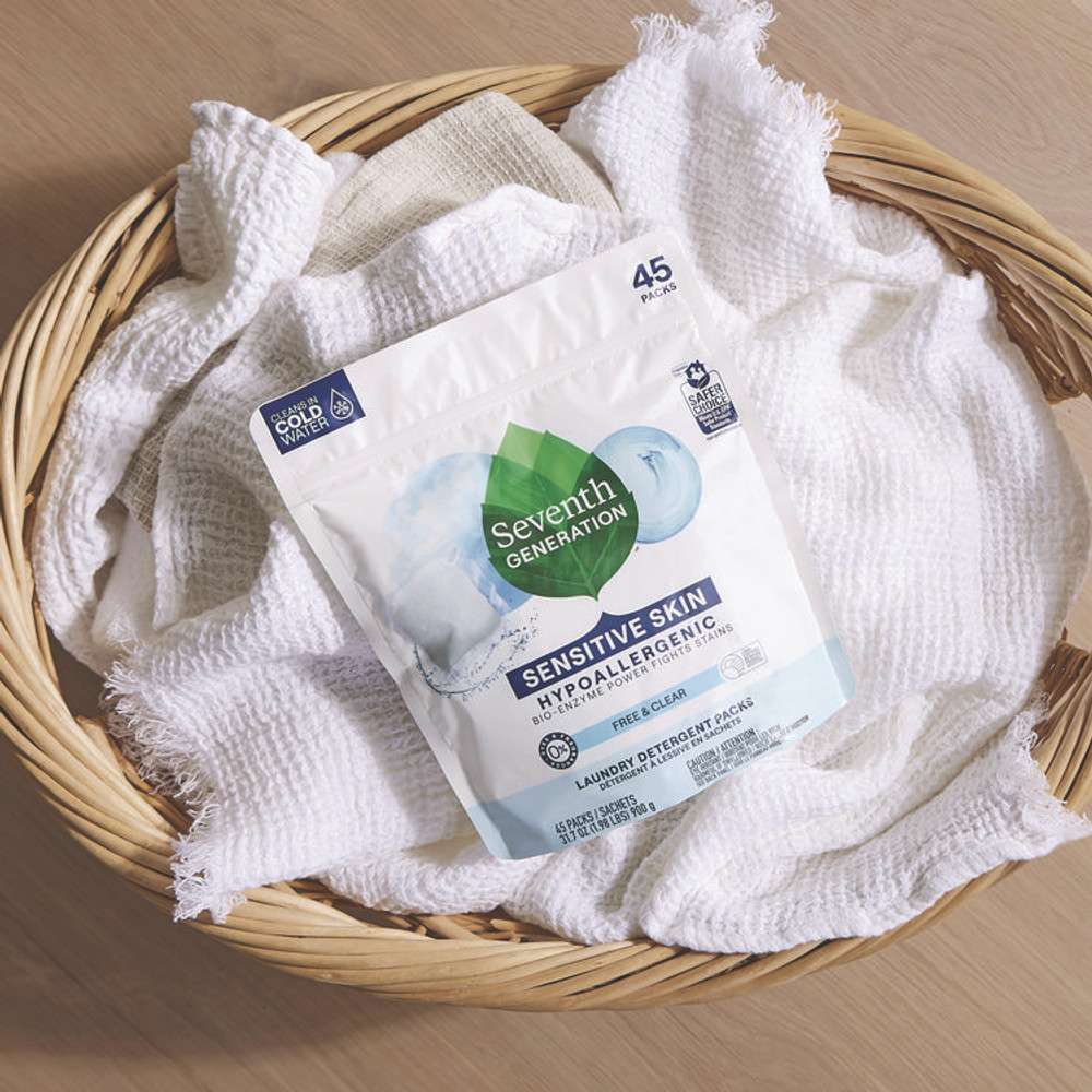 SEVENTH GENERATION 22977 Natural Laundry Detergent Packs, Powder, Unscented, 45 Packets/Pack