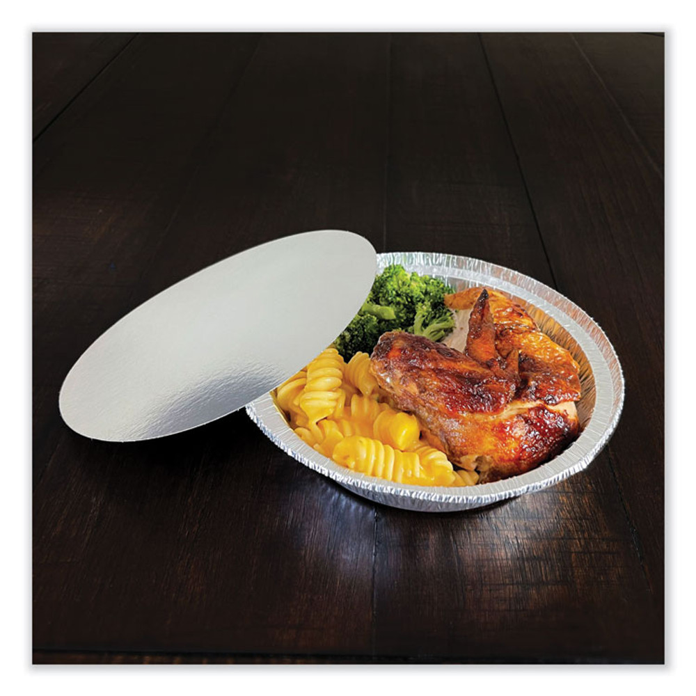 BOARDWALK ROUND7COMBO Round Aluminum To-Go Containers with Lid, 24 oz, 7" Diameter x 1.47"h, Silver 200/Carton