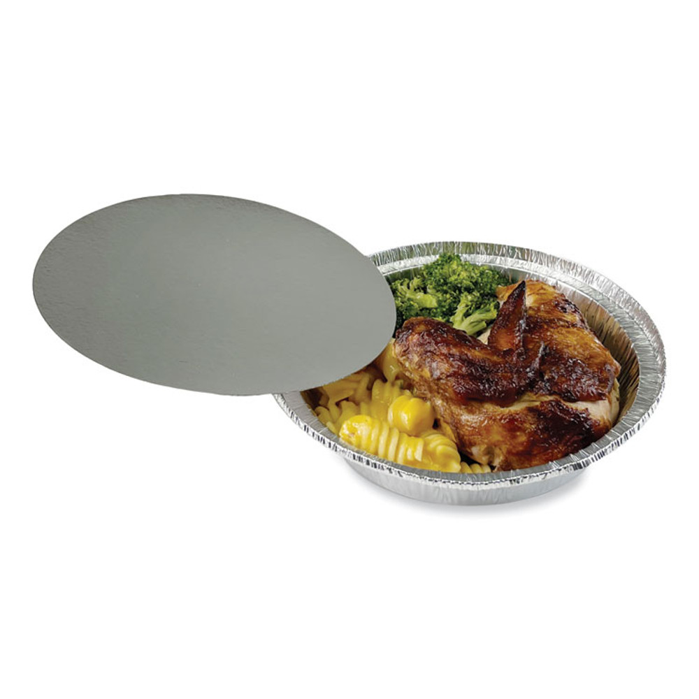 BOARDWALK ROUND7COMBO Round Aluminum To-Go Containers with Lid, 24 oz, 7" Diameter x 1.47"h, Silver 200/Carton