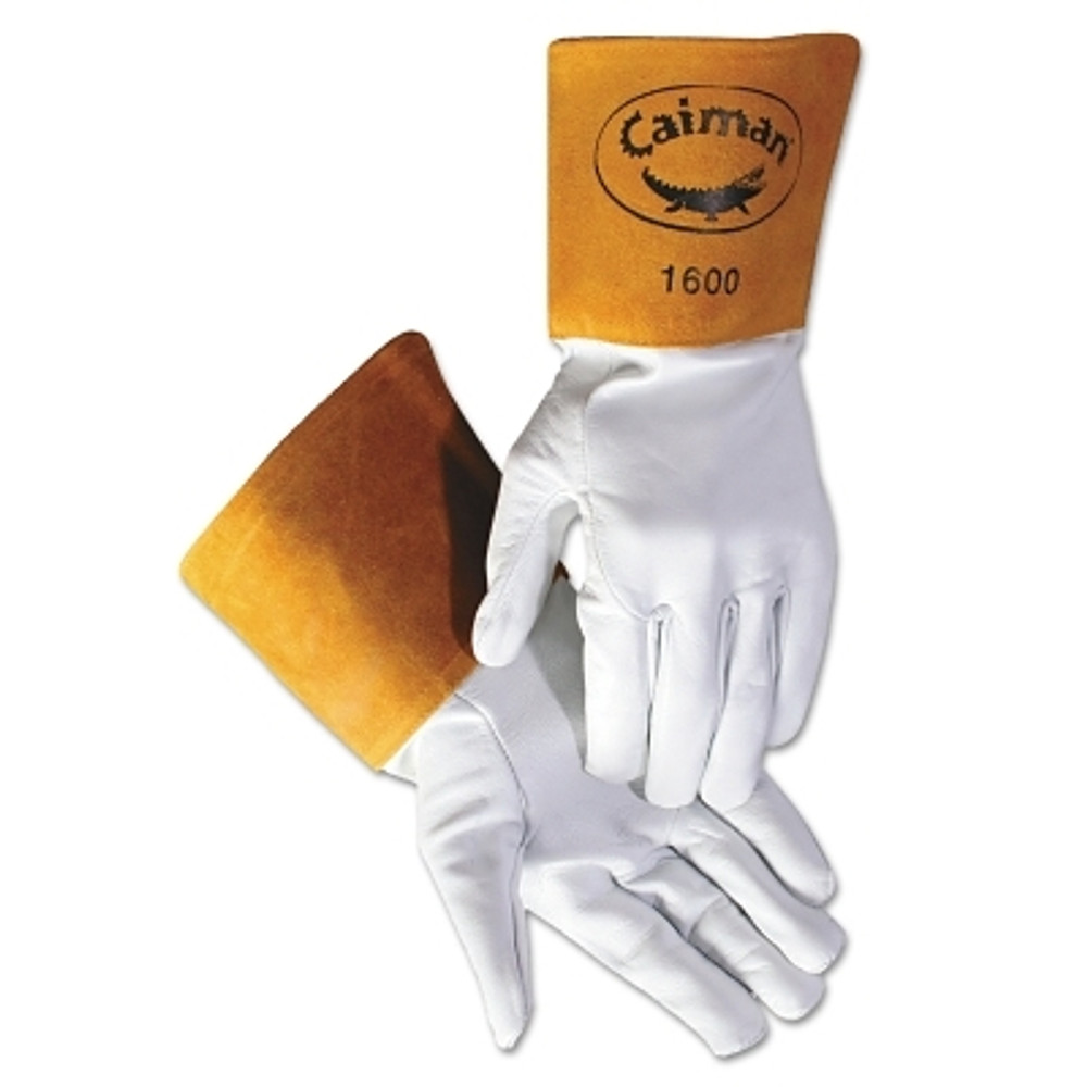 Caiman® 1600 Goat Grain Leather/Cowhide Cuff Unlined Welding Gloves, Medium, White/Gold, 4 in cuff
