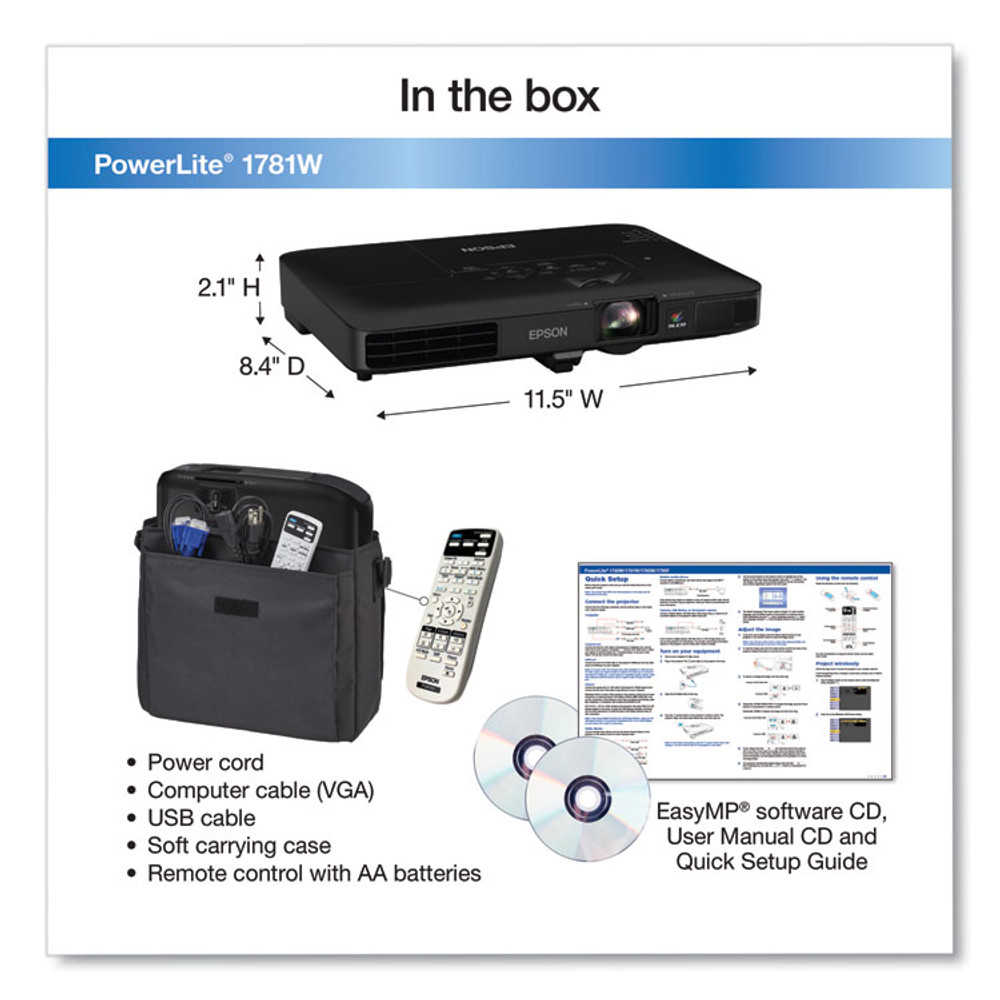 EPSON AMERICA, INC. V11H794120 PowerLite 1781W Wireless WXGA 3LCD Projector,3200 Lm,1280 x 800 Pixels,1.2x Zoon