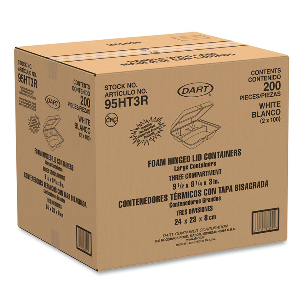 DART 95HT3R Foam Hinged Lid Containers, 3 Compartments, 9.25 x 9.5 x 3, White, 100/Sleeve, 2 Sleeves/Carton