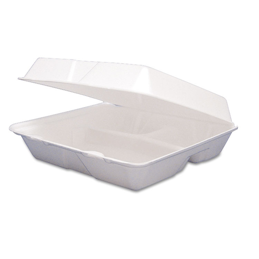 DART 95HT3R Foam Hinged Lid Containers, 3 Compartments, 9.25 x 9.5 x 3, White, 100/Sleeve, 2 Sleeves/Carton