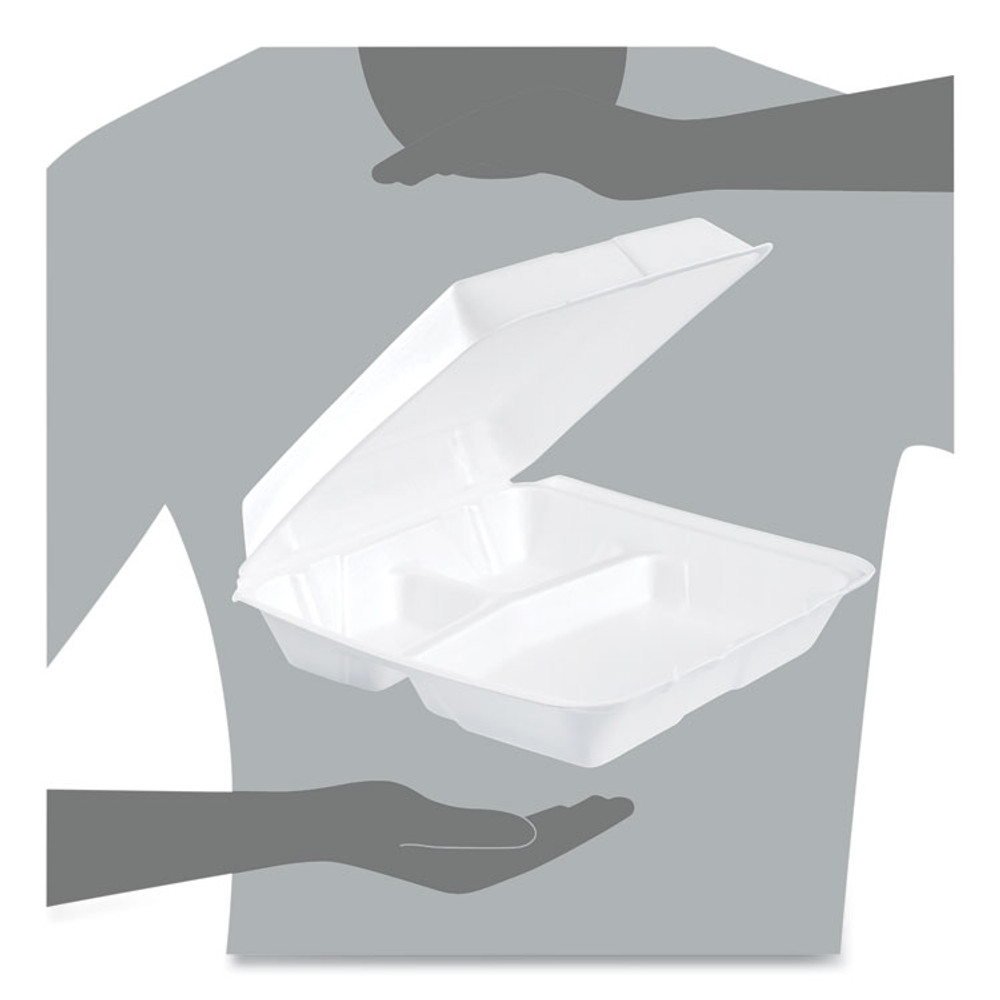 DART 95HT3R Foam Hinged Lid Containers, 3 Compartments, 9.25 x 9.5 x 3, White, 100/Sleeve, 2 Sleeves/Carton
