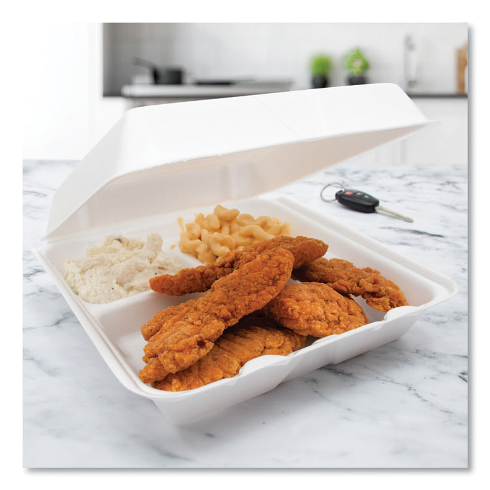 DART 95HT3R Foam Hinged Lid Containers, 3 Compartments, 9.25 x 9.5 x 3, White, 100/Sleeve, 2 Sleeves/Carton