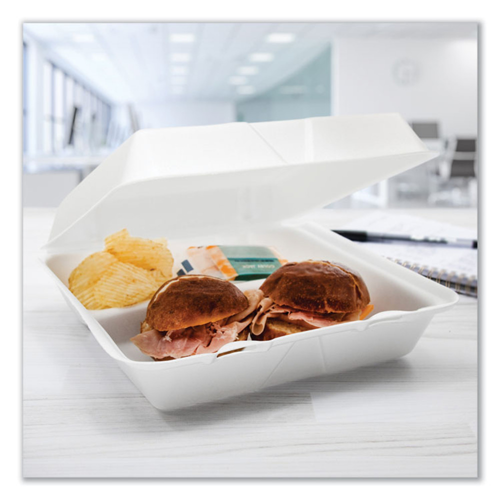 DART 95HT3R Foam Hinged Lid Containers, 3 Compartments, 9.25 x 9.5 x 3, White, 100/Sleeve, 2 Sleeves/Carton
