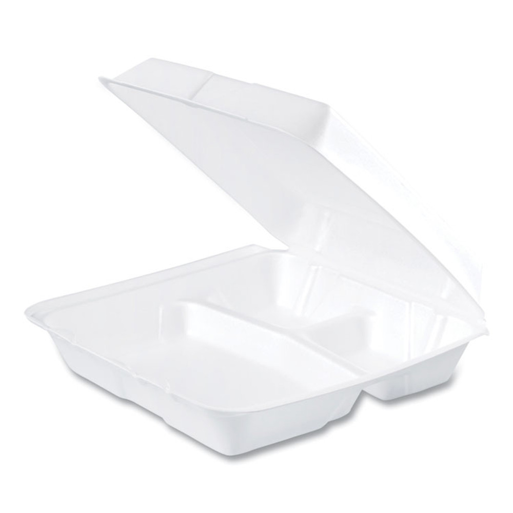 DART 95HT3R Foam Hinged Lid Containers, 3 Compartments, 9.25 x 9.5 x 3, White, 100/Sleeve, 2 Sleeves/Carton