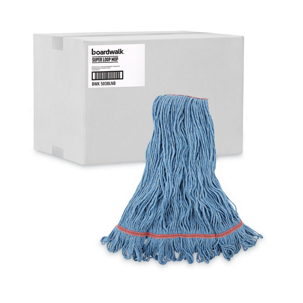 BOARDWALK 503BLNB Super Loop Wet Mop Head, Cotton/Synthetic Fiber, 1" Headband, Large Size, Blue, 12/Carton