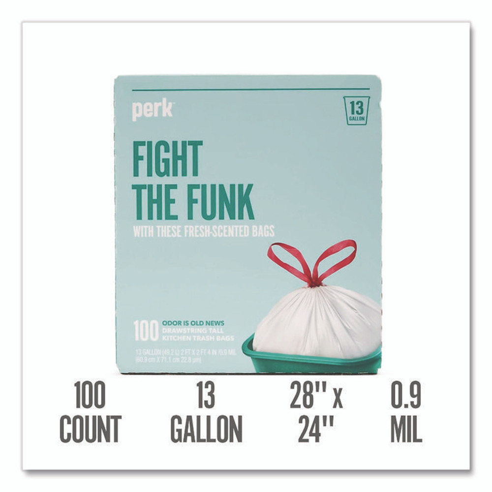 PERK 24377880 Scented Drawstring Tall Kitchen Trash Bags, 13 gal, Fresh Scent, 28" x 24", White, 100/Box
