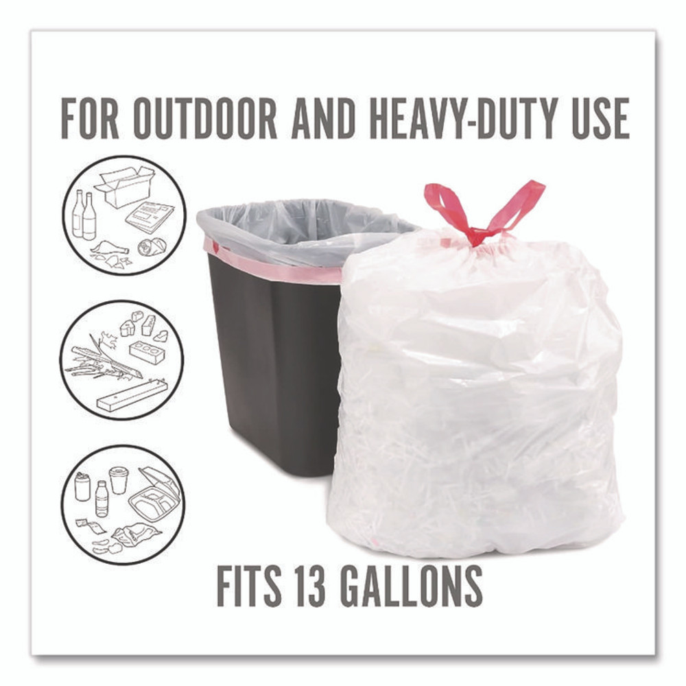 PERK 24377880 Scented Drawstring Tall Kitchen Trash Bags, 13 gal, Fresh Scent, 28" x 24", White, 100/Box