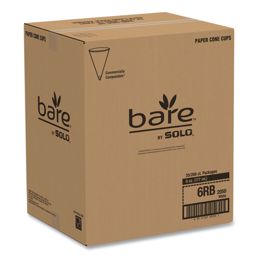 DART SOLO® 6RBU Bare Eco-Forward Treated Paper Cone Cups, 6 oz, White, 200/Sleeve, 25 Sleeves/Carton