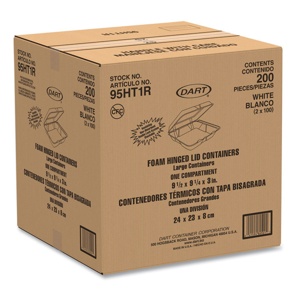 DART 95HT1R Foam Hinged Lid Containers, 9.25 x 9.5 x 3, 200/Carton