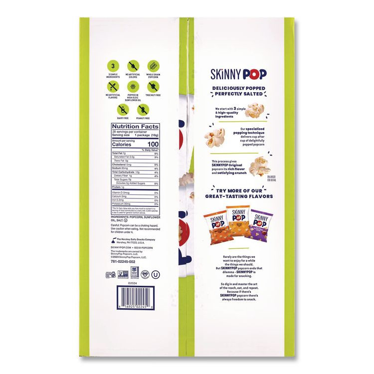 SKINNYPOP POPCORN 22000408 Popcorn, Original, 0.65 oz Bag, 24/Carton
