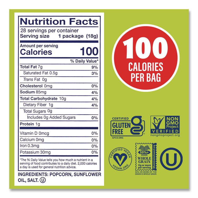 SKINNYPOP POPCORN 22000408 Popcorn, Original, 0.65 oz Bag, 24/Carton