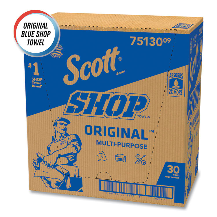 KIMBERLY-CLARK PROFESSIONAL Scott® 75130 Shop Towels, Standard Roll, 1-Ply, 9.4 x 11, Blue, 55/Roll, 30 Rolls/Carton