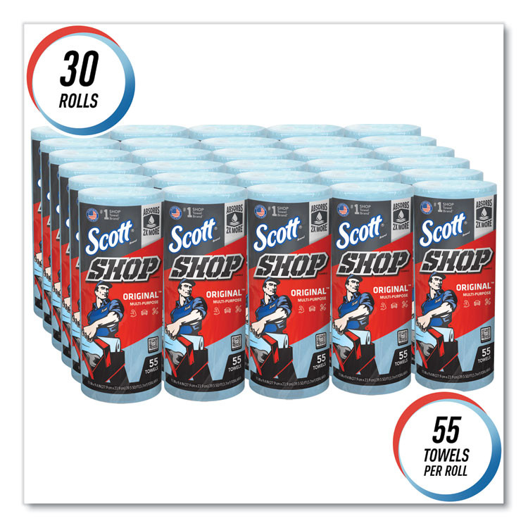 KIMBERLY-CLARK PROFESSIONAL Scott® 75130 Shop Towels, Standard Roll, 1-Ply, 9.4 x 11, Blue, 55/Roll, 30 Rolls/Carton