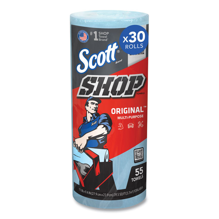 KIMBERLY-CLARK PROFESSIONAL Scott® 75130 Shop Towels, Standard Roll, 1-Ply, 9.4 x 11, Blue, 55/Roll, 30 Rolls/Carton