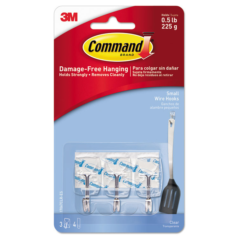 3M/COMMERCIAL TAPE DIV. Command™ 17067CLRES Clear Hooks and Strips, Small, Plastic/Metal, 0.5 lb Capacity, 3 Hooks and 4 Strips/Pack