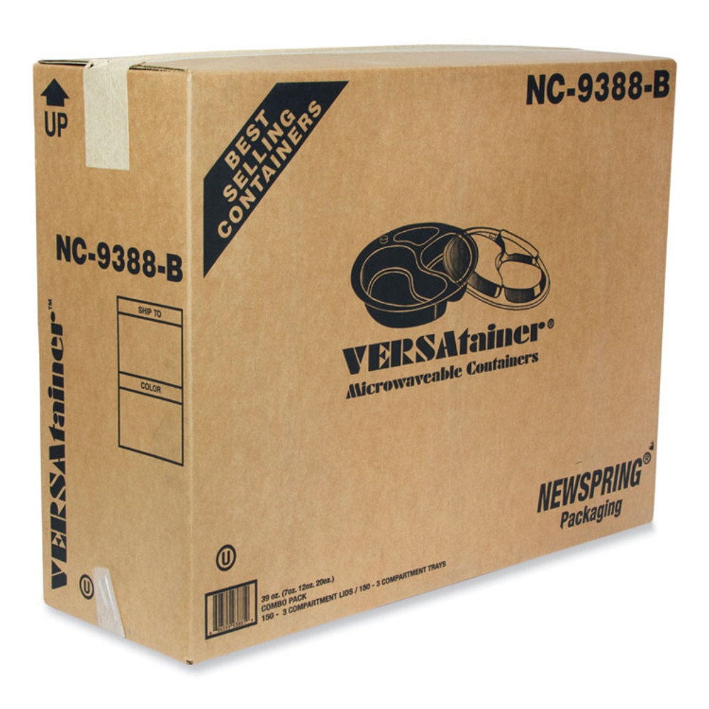 PACTIV EVERGREEN CORPORATION NC9388B Newspring VERSAtainer Microwavable Containers, Round, 3 Compartments, 39 oz, 9 x 9 x 2.25, Black/Clear, Plastic, 150/Carton