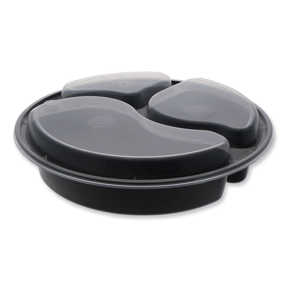 PACTIV EVERGREEN CORPORATION NC9388B Newspring VERSAtainer Microwavable Containers, Round, 3 Compartments, 39 oz, 9 x 9 x 2.25, Black/Clear, Plastic, 150/Carton