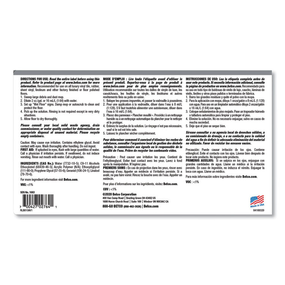 BETCO CORPORATION 16830400 Reinforce Floor Cleaner and Protectant, Lemon Scent, 1 gal Bottle, 4/Carton