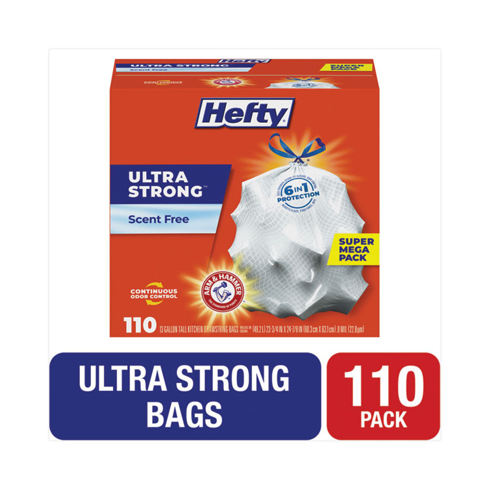 REYNOLDS FOOD PACKAGING Hefty® E88368 Ultra Strong Tall Kitchen Trash Bags, Drawstring, 13 gal, 23.75" x 24.88", White, 110/Box